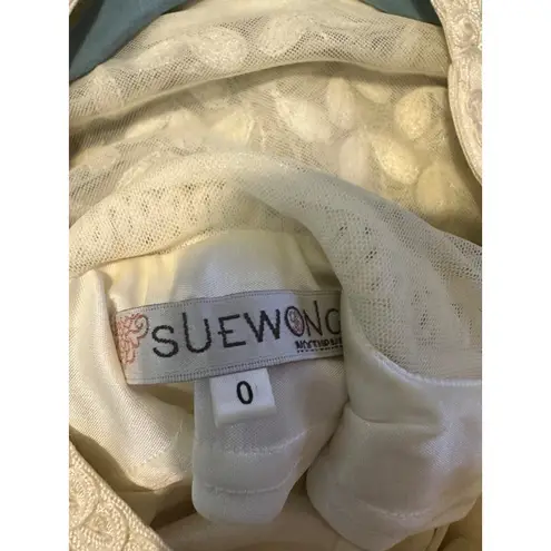 Sue Wong Dress Ivory Embroidered Beaded Leaf Pattern Sleeveless V-Neck 0