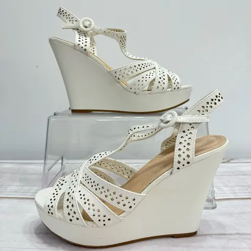 Top Moda Strappy Ivory Wedge Heeled Platform Sandals with Cutouts Size 8