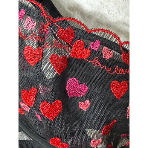 Cacique Black Sheer Heart Embroidery Unlined Balconette Bra Flirty Sexy Mesh 44D