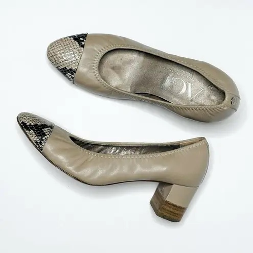 AGL Women's Tan Beige Snakeskin Cap Toe Leather Ballet Block Heel Pumps Size 36