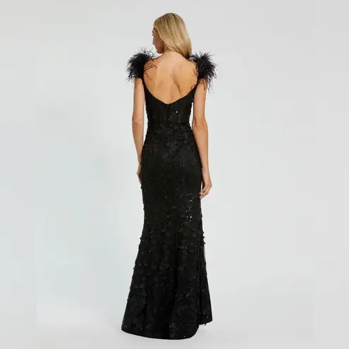 Mac Duggal 20889 Womens Black Sheer Applique Bustier Gown with Feather Straps - Image 5