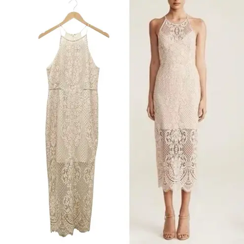 Shona joy Lace High Neck Midi Dress Beige Nude Size 6 Lined Scalloped Hem Bridal