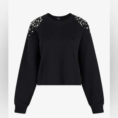 EXPRESS  | Rhinestone Embellished Crew Neck Boxy Fleece Sweatshirt Black Silver S