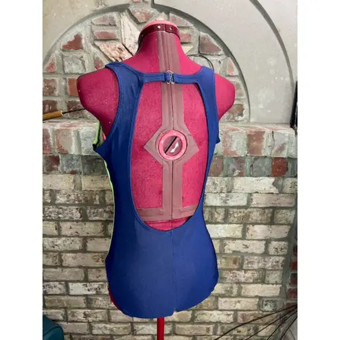 one piece swimsuit color blocked stripe ribbed blue white neon green 1990s Size L