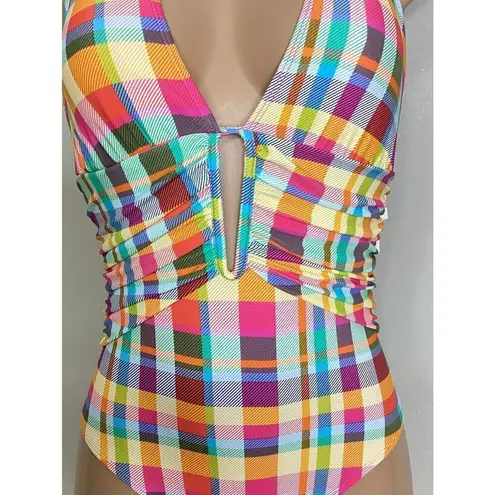 New. Plunge neck plaid swimsuit. Size 6. Regularly $89 Pink