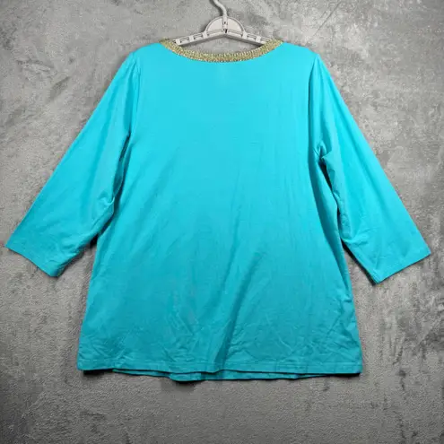 Belle by Kim Gravel Top Large Turquoise Gold Beaded Tunic Popover Slub Knit QVC Blue