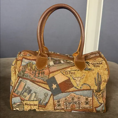 Unique Texas Themed Purse Handbag Tapestry Fabric Leather Handles and Trim Brown