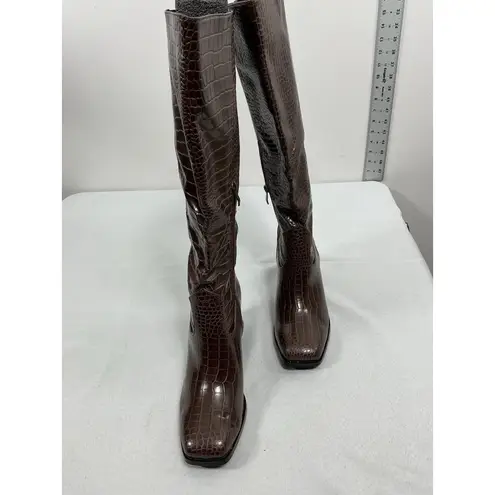 Womans Suedi Knee High Boots Brown Croc Faux Leather 7.5 Blk Heel 1/2 Zip NWOT