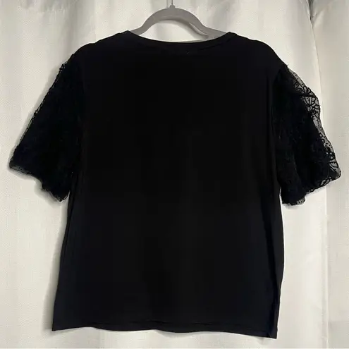 On Twelfth Black Rhinestone Lace Puff Sleeve Shirt XL