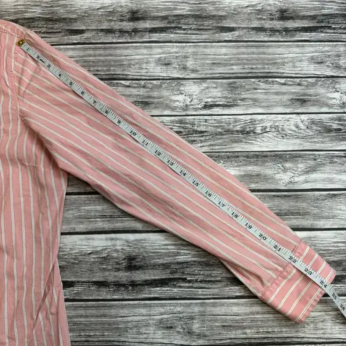 L.L.Bean  Women's Striped Button Down Roll Tab Blouse L LG Large Reg Pink White