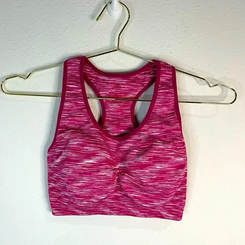 Womens Pink Ruched Racerback Sports Bra Small Stretchy Marl Yoga Gym Top