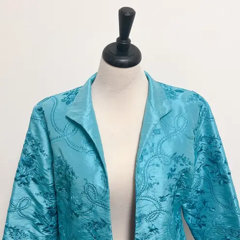 Grace Chuang Turquoise Blue Satin Floral Embroidered Open Front Short Jacket Size L