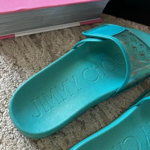 Jimmy Choo Authentic Teal FITZ Logo Slides / Sandals