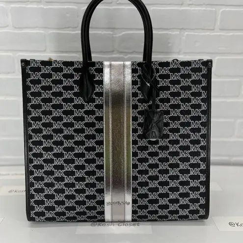 Michael Kors Black Mirella Large Metallic Striped Tote Bag