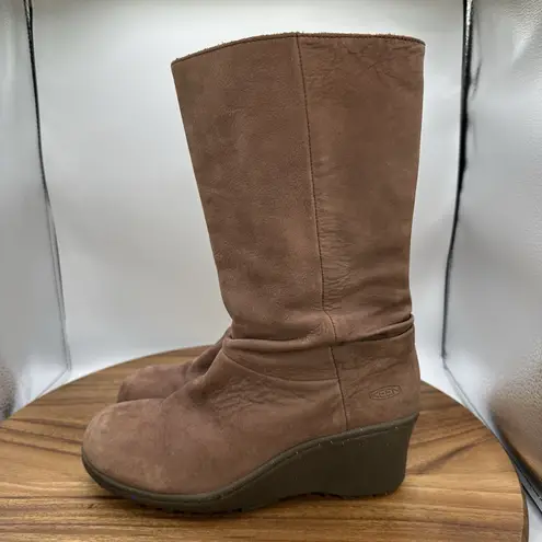Keen Akita Wedge Boots Slouch Pull On Mid Calf Brown Suede 1007694 Women's 8