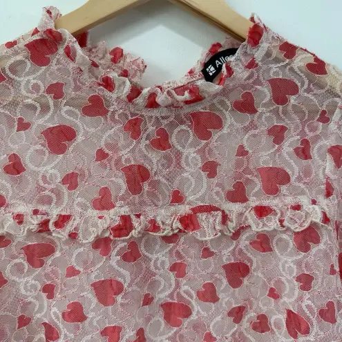 Allegra K Fairy Heart Ruffle Mock Neck Sheer Mesh Lace Top Sz XL Cottage Prairie Romantic