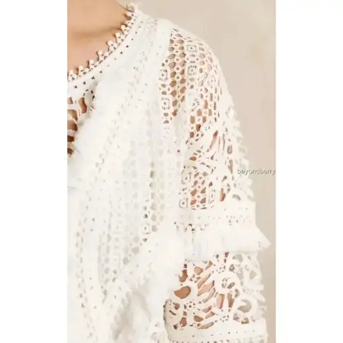 Yoana Baraschi Anthropologie  Top White Lace‎ Crochet Fringe Trim Short Sleeve S