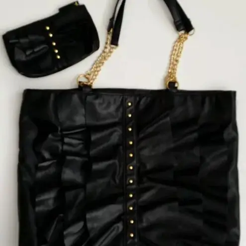 DSW Black Faux Leather Ruffle Bag with Makeup Pouch