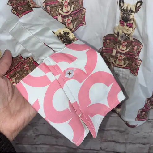 Tizzie French Bull Dog & Luggage Print Button Down Shirt Size Medium NEW White