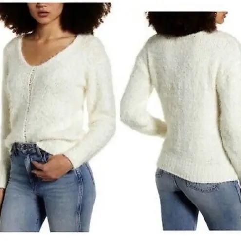 BP  Womens 2X Ivory Eyelash V Neck Chenille Long Sleeve Pullover Sweater