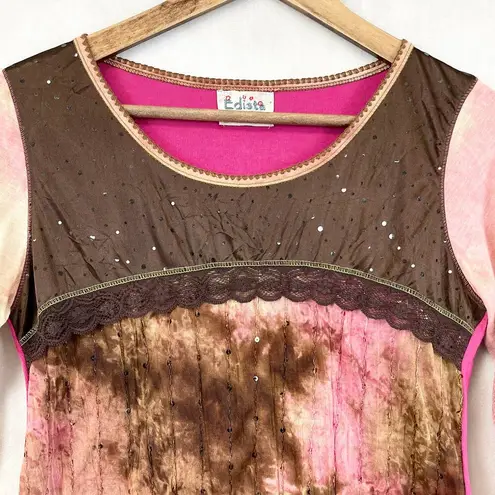 Edista Women Y2K Top Size M Lace Sequin Boho Fairy Grunge Babydoll Phoebe Retro Pink Size M