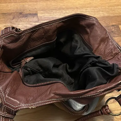 Boho Colorblock Brown Yellow White Faux Leather Pleather Shoulder Bag Purse