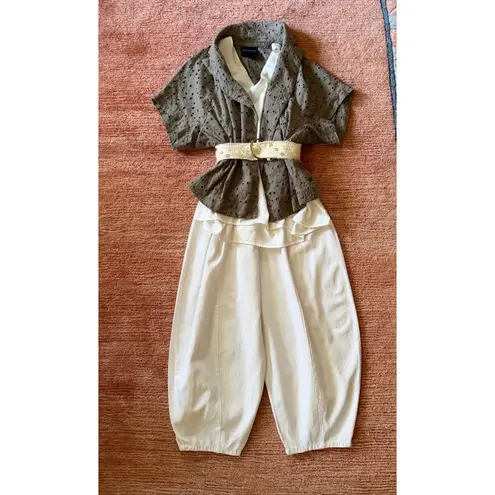 Magaschoni olive green eyelet open front short sleeve cotton cardigan blouse