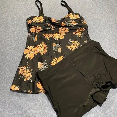 Floral Print Tankini Swimsuit Set With Boyshorts For Women Black & Orange Size L