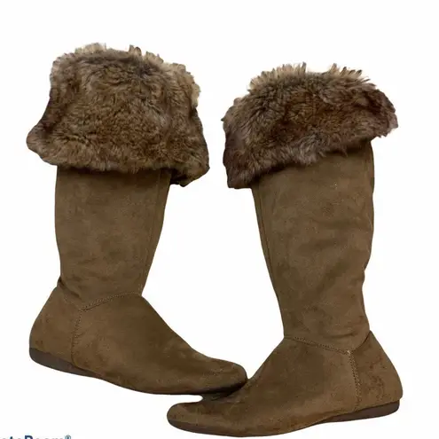 Report vegan suede and fur tan mid shaft boots Size 6