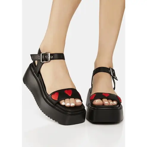 Lamoda Black Red Hearts Hopeful Chunky Platform Sandals Size 9 NWOT Black