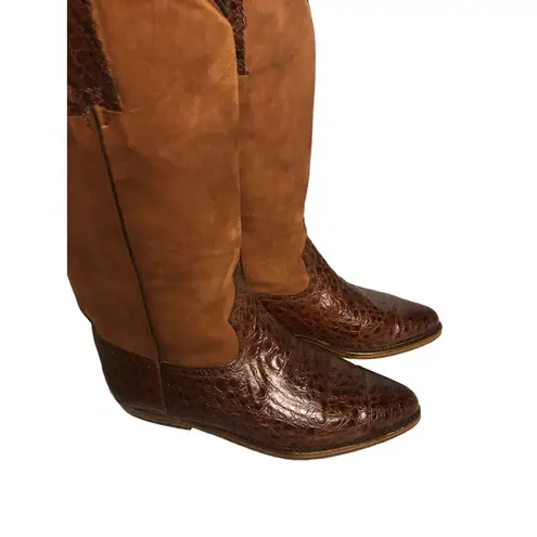 1990s Armando Pollini Brown Leather & Suede Western Tall Boots Size 6.5