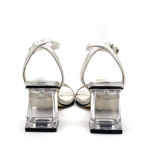 All Black Crystal Lady Sandal Size EU 37 | US 6.5 Platinum Leather Lucite Heel Silver