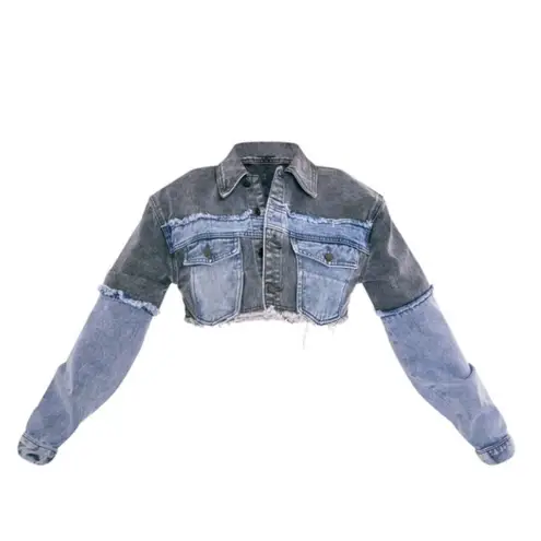 Pretty Little Thing NWT  Washed Grey Double Layered Denim Cropped Jacket US Size 8