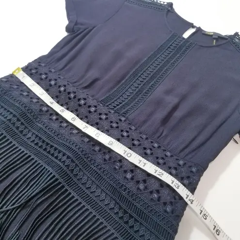 Maje Reia Nuit Sheer Lace Fringe Mini Dress Dark Blue