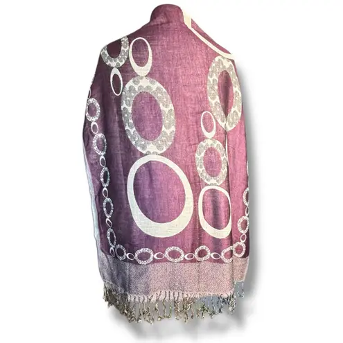 None Purple Reversible Geometric Circle Print Fringe Shawl Scarf Wrap Versatile