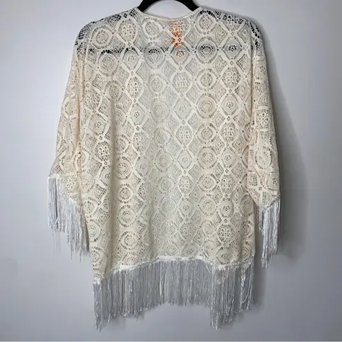 Magic Coastal Cowgirl Bohemian Cream Lace Fringe Sleeves Open Cardigan Kimono Shrug M