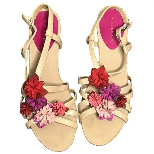 Tahari Favor Wedge Sandal Womens 9M Beige Leather Spring Flowers Strappy