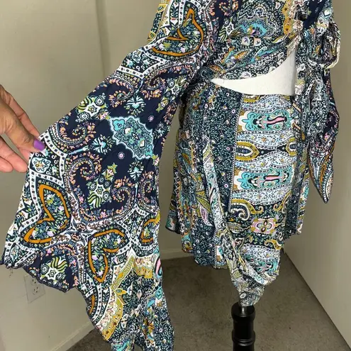 AELSON Women's Boho V Neck Paisley Print Flare Sleeves Romper Concert Sz XL Blue