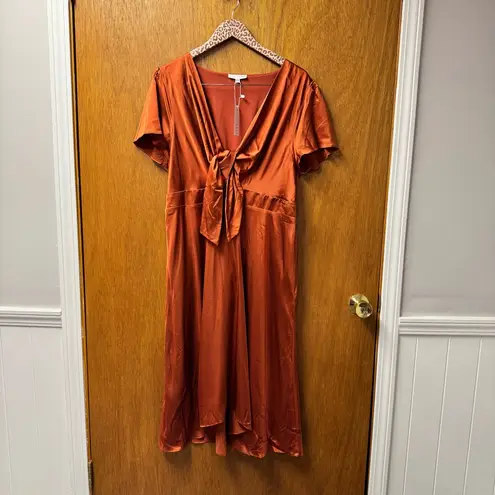 Baltic Born NEW Poppy Satin Midi Dress Short Sleeve Front Tie Rust Orange XXL