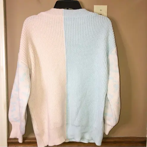V Neck Leopard Color Block Patchwork Oversized Sweater Pink Blue Small