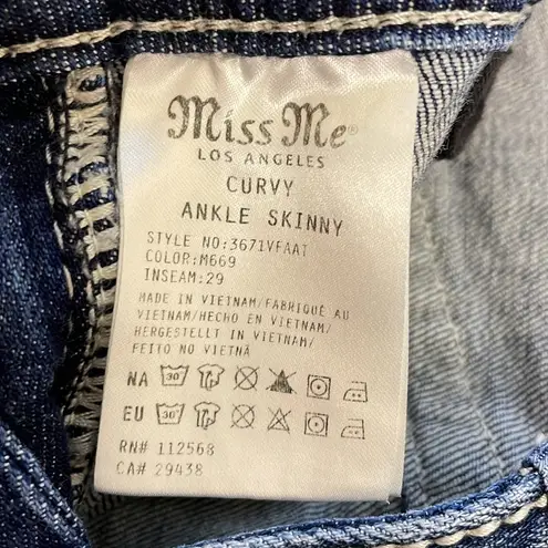 Miss Me Curvy Ankle Skinny Jeans Blue Denim Distressed Angel Wings Pockets Sz 28