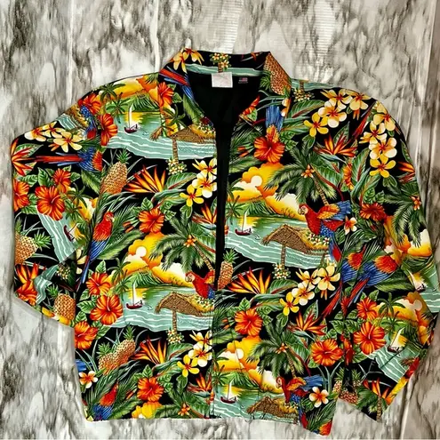 Surf Crush Tiki Vtg Sz S Hawaiian Print Zip Up Jacket CB Casual Macaw Tropical Red