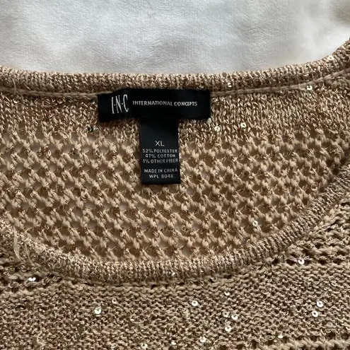 Y2K indie boho INC International tan & gold crochet sequin asymmetrical sweater Size XL