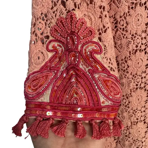 Calypso St. Barth Floral Crochet Tunic Top Size S Embroidered Sequins Tasseled