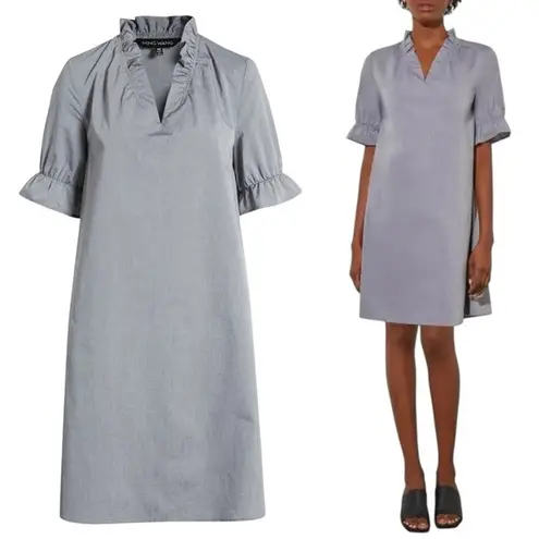 Ming Wang Cotton Shift Dress Size Small Ruffle Sleeve Gray V-Neck Poplin Unlined