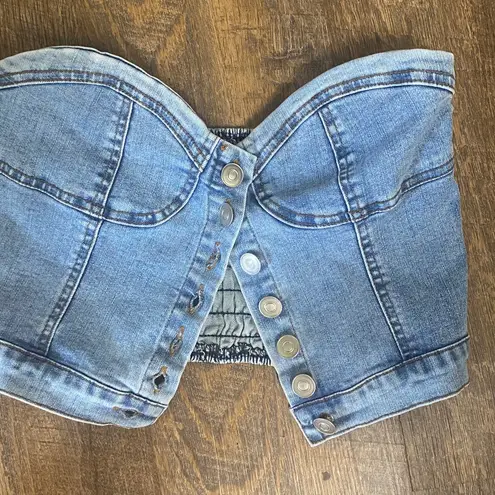 VINTAGE DENIM BUSTIER WITH BUTTON FRONT AND SHEERING IN BACK TO LOOK SNATCHED IN Blue
