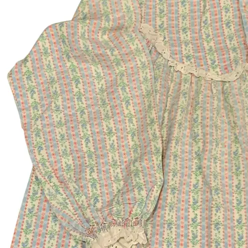 VINTAGE Lanz of Salzburg Cottagecore Nightgown XS Prairie Floral Striped Ruffle Blue