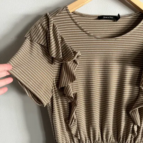 Doe & Rae Striped Ruffle Sleeve Mini Dress Tan White Short Sleeve Pockets S