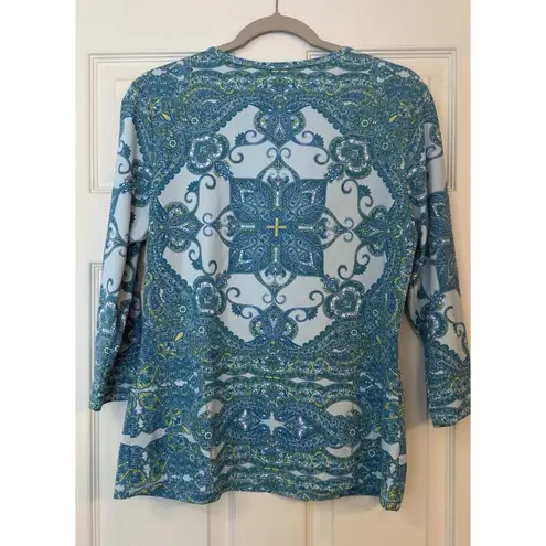 J. McLaughlin Catalina Cloth Top Sz L Blue 3/4 Sleeve Stretchy Mandala Casual EUC