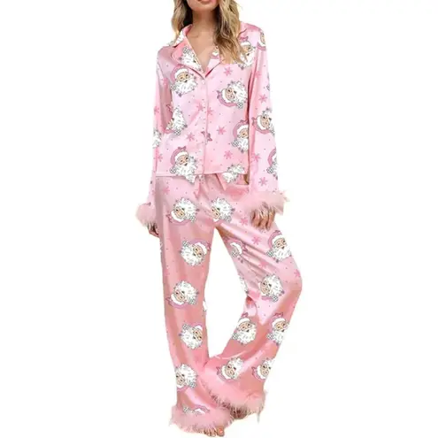 Holiday Christmas Santa Print Satin Pajama Set Small Pink Feathered Hem Lounge